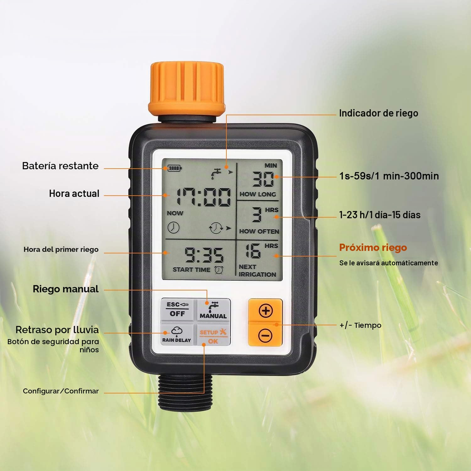 Johgee Temporizador de riego automático para jardín, programador de riego exterior, temporizador de riego con pantalla LCD grande