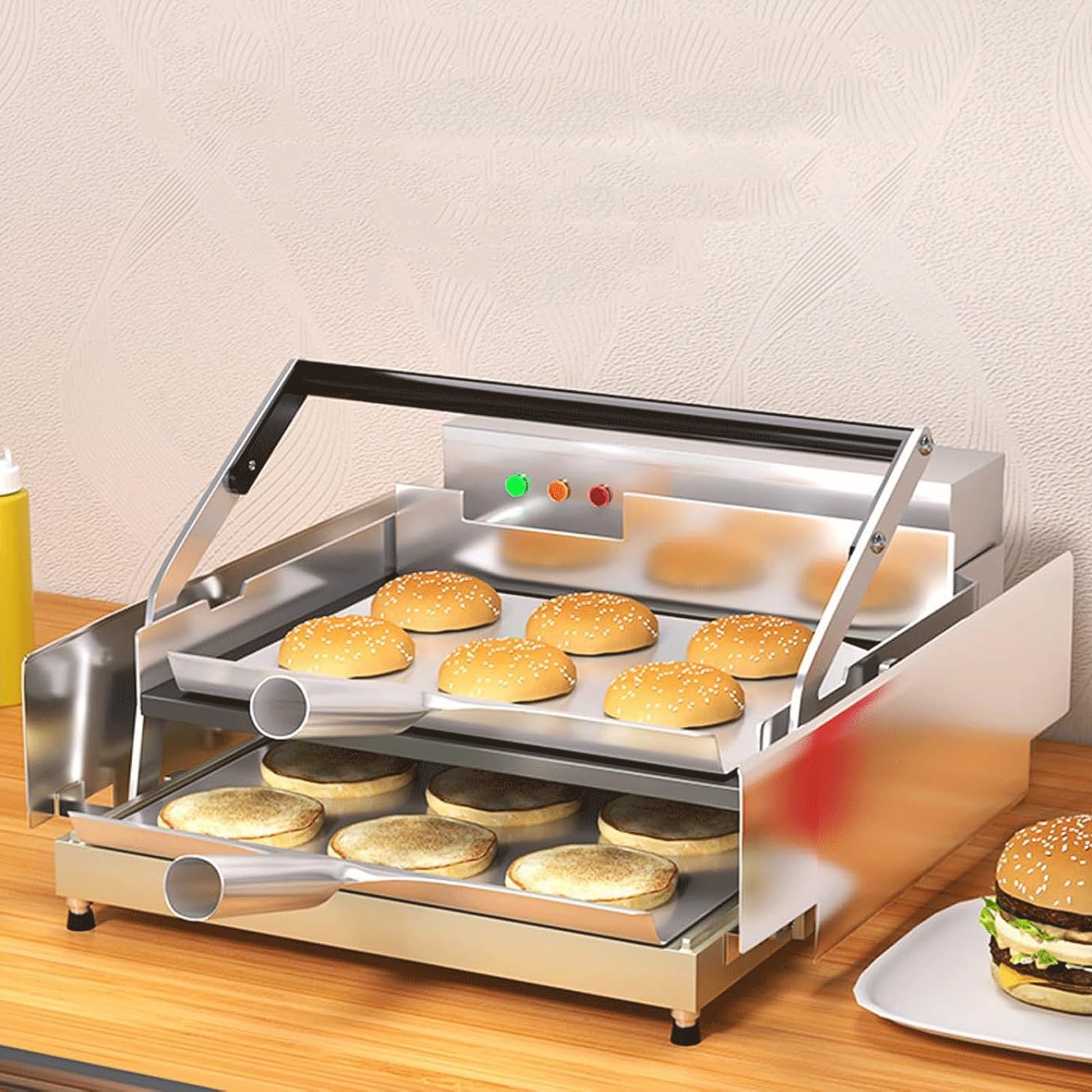 Fhrka Commercial Hamburger Toaster, 6 Slices Electric Heating Hamburger Oven, Double-Layer Burger Bun Grilled Bread Machine
