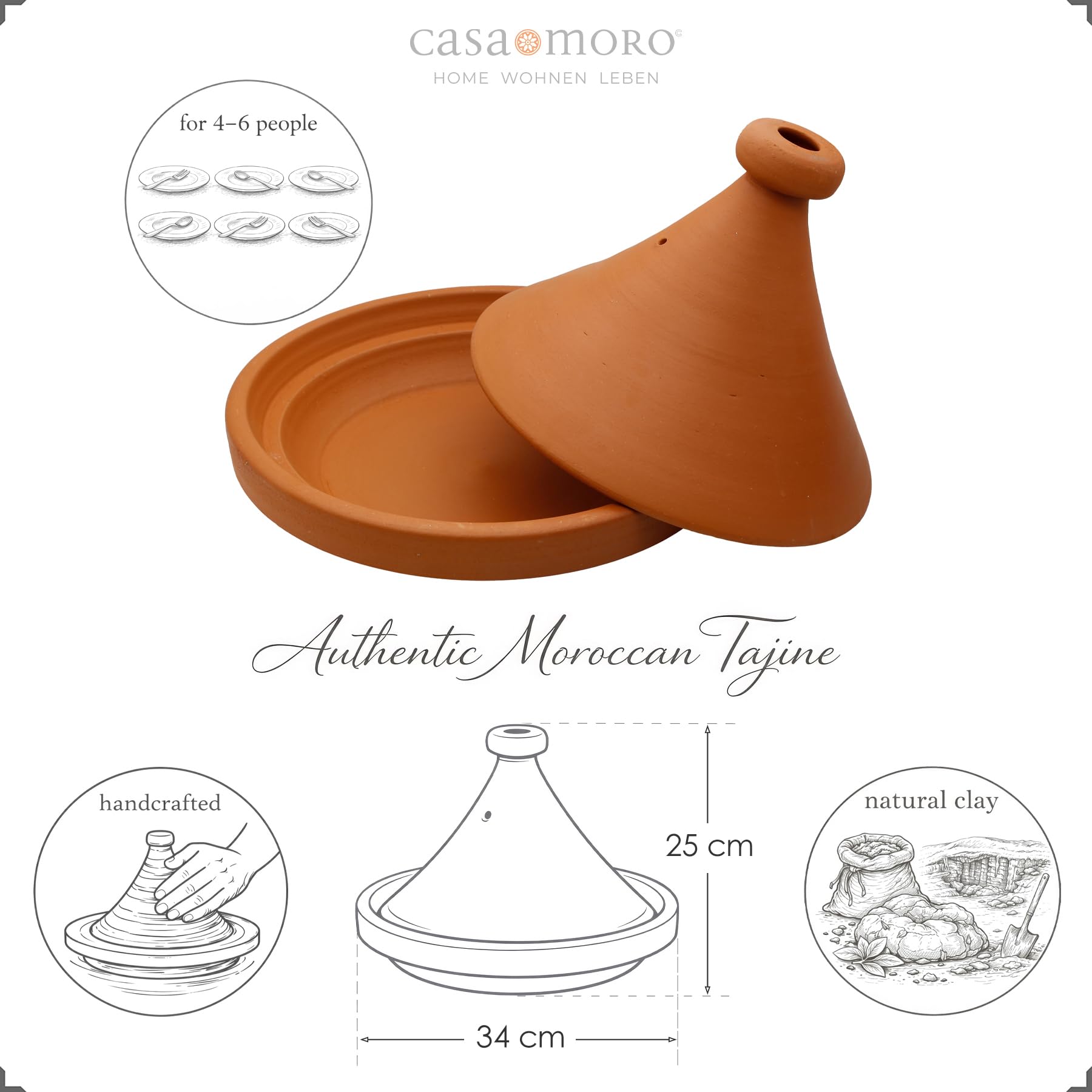 Tajine Schmortopf aus Ton – Ø 34 cm Marokkanisch Kochen für 4-6 Personen – Tagine unglasierter Gartopf Tontopf