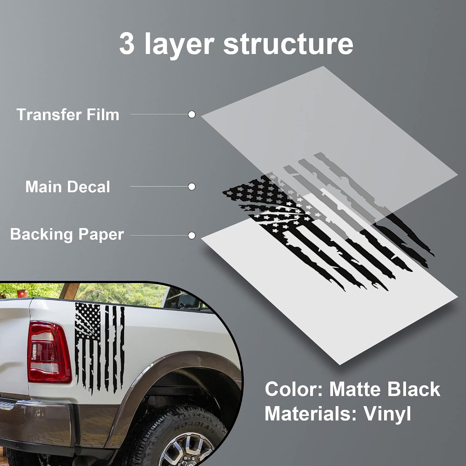 Zhizhong Distressed Truck Rear Tailgate American Flag Vinyl Decal Sticker Compatible with Most Pickup Trucks (11" x 20" Matte Black)