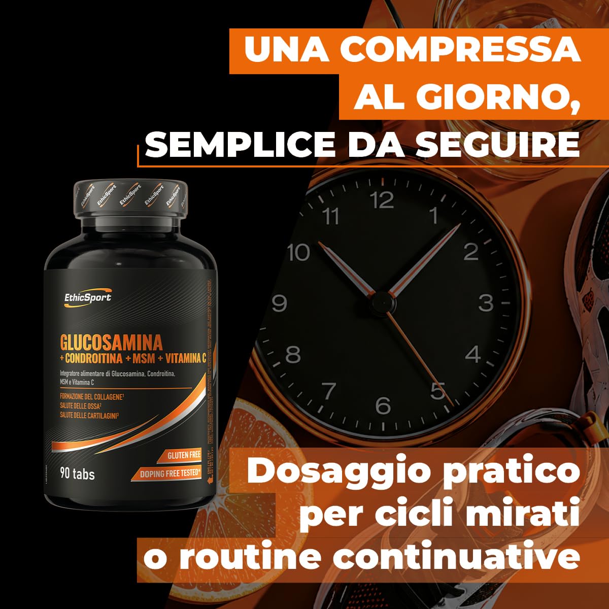 Glucosamina + Condroitina + MSM EthicSport – Integratore articolazioni con Vitamina C 100% NRV per collagene, cartilagini e ossa – 90 compresse – Gluten free, doping free tested*