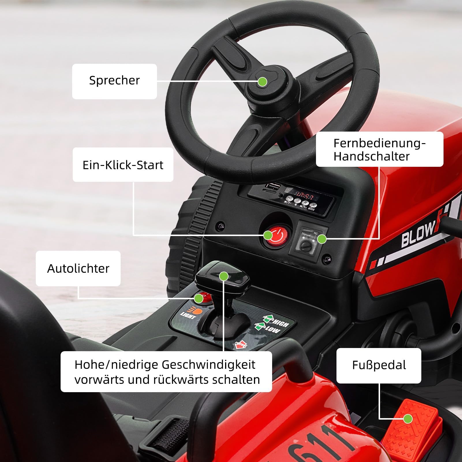 12V Tracteur électrique Enfants, avec Remorque Amovible, Voiture électrique Enfants pour 3 à 8 Ans, avec Télécommande, Musique & MP3, 3 Vitesses, Rouge