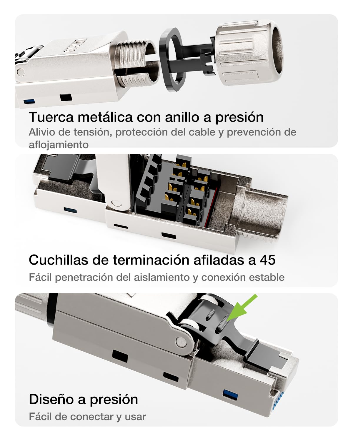 Blindado RJ45 Conector CAT 7 sin Herramienta, 10Gbps/600MHz, Dorado Conectores RJ45 POE Para cables de instalación Cat7 Cat6A, Conector LAN Cat7 sin Herramienta, reutilizable, 2 Unidades
