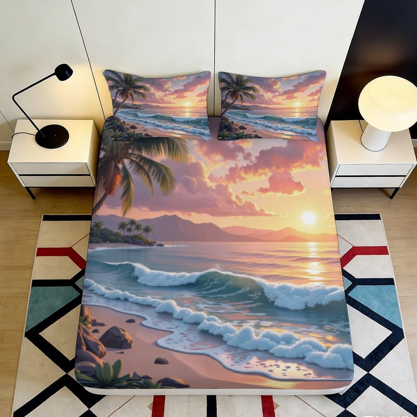 3D Printed Sunset Beach Fitted Sheet Microfiber Soft Breathable Ocean Wave Mattress Cover for Bedroom Guestroom 90x200x25cm