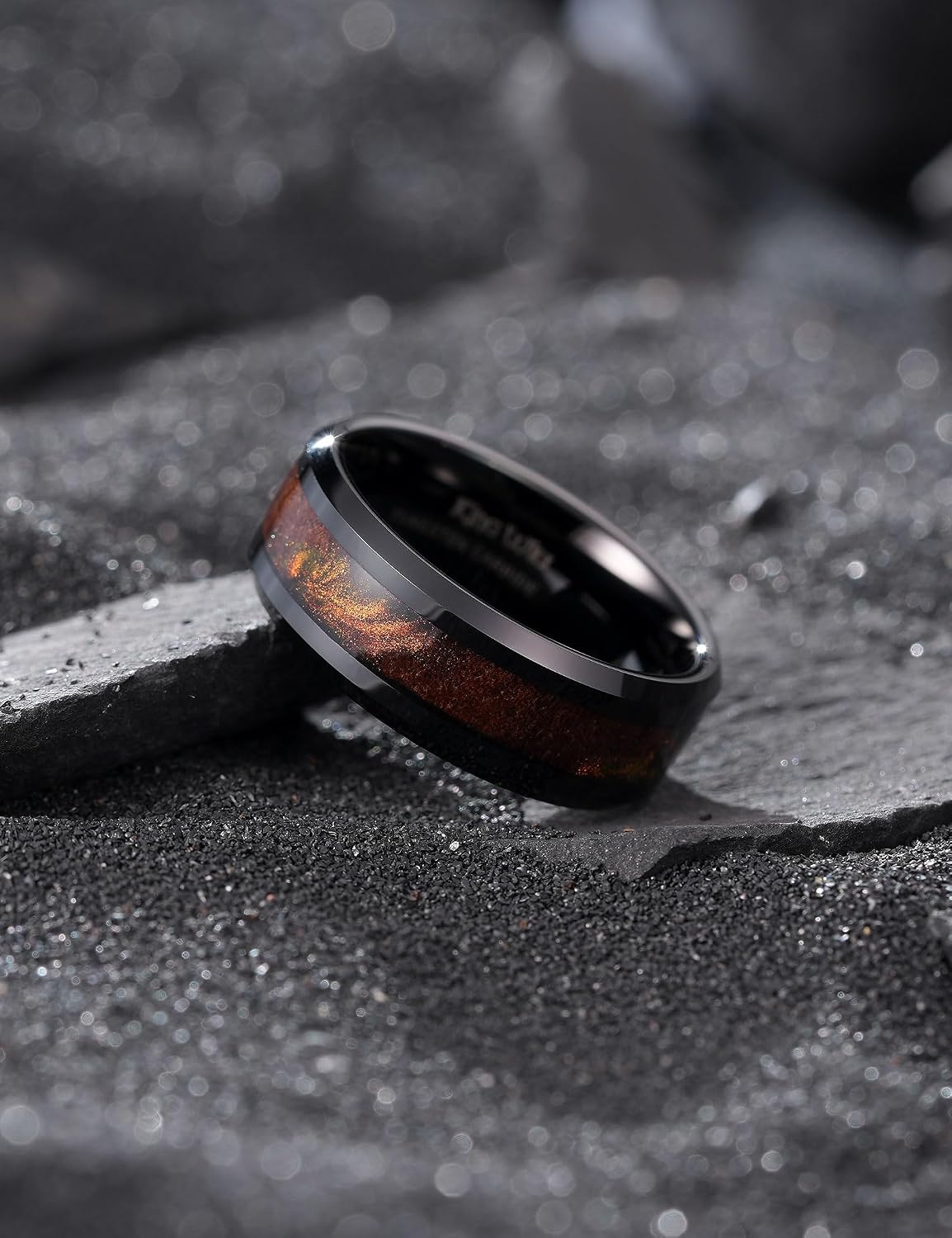King Will 8mm Black Tungsten Rings, Men's Wedding Rings Turquoise/Sand/Foils Inlay Ring for Men Women, Comfort Fit, Durable