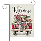Dyrenson Welcome Christmas Truck Decorative Garden Flag, Xmas Holly Red Berries Pine Needle Plaid Bow Yard Outside Home Decoration, Winter Holiday Burlap Outdoor Small Decor Double Sided 12 x 18