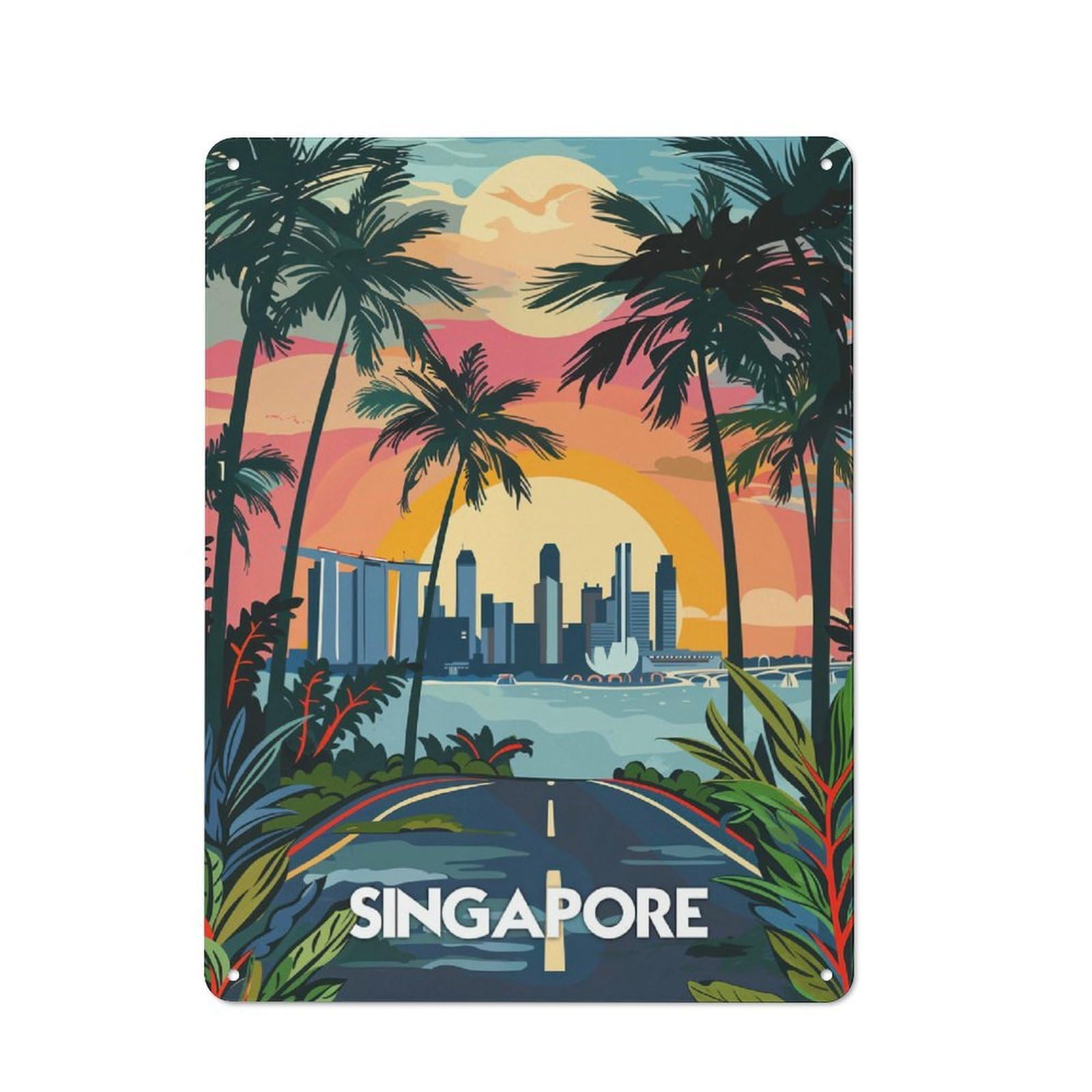 Junmoney Singapore Skyline Sunset Printed Metal Sign 40X30cm For Guest Room Or Hallway, Suited To Home Decor Collectors