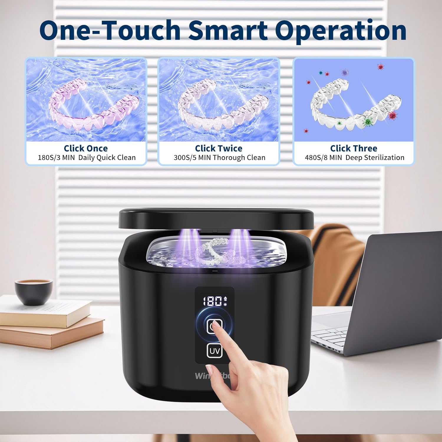 Ultrasonic Retainer Cleaner Machine, 48KHz Dental Cleaning Pod for Denture, Mouth Guard, Aligner, Night Guard, Braces, Toothbrush Heads, Jewelry with Digital Timer & 6 Modes, 13oz Capacity, Black