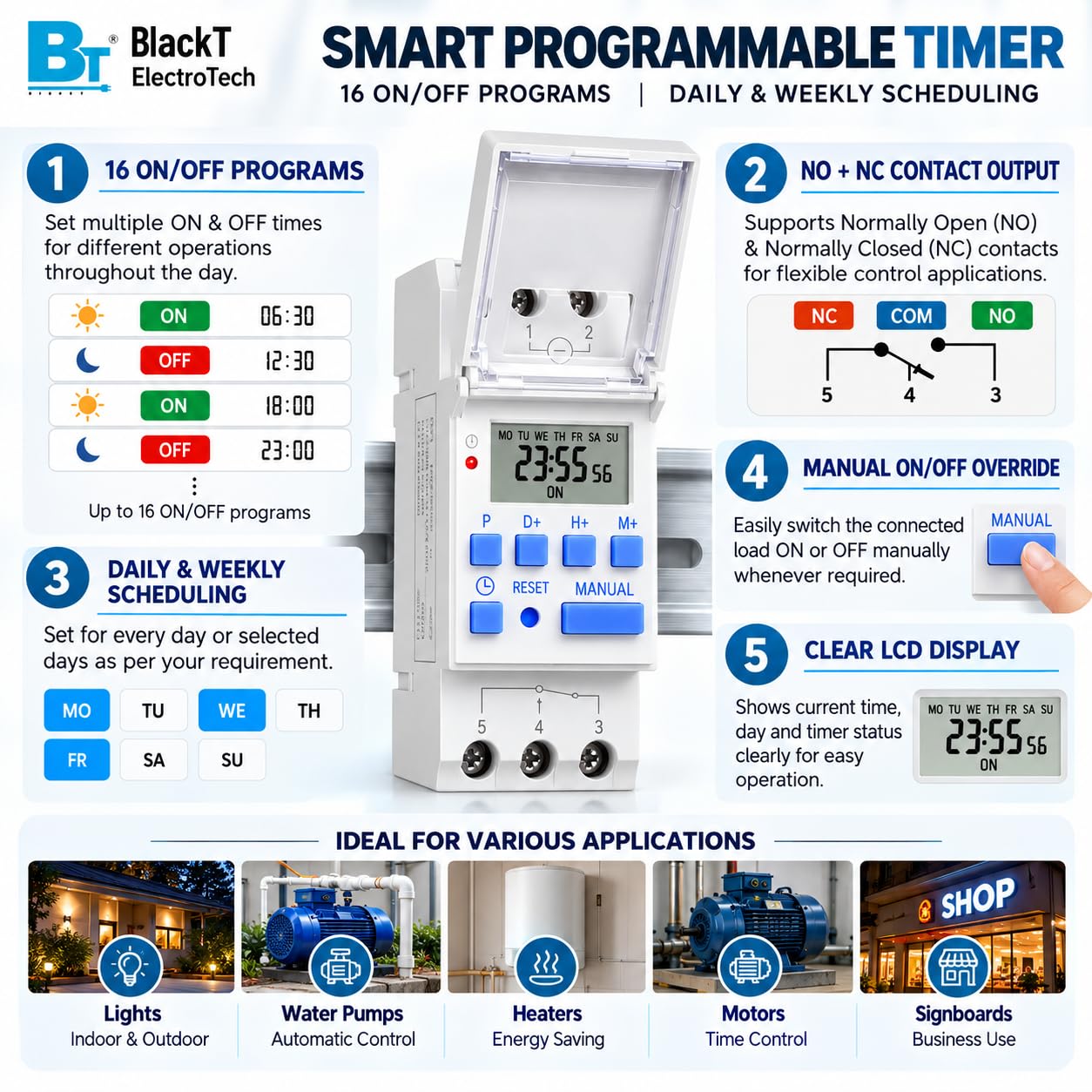 Blackt Electrotech (BT41D): 16/240V AC Programmable Daily/Weekly Digital LCD Display Control Counter/Time Timer Relay Switch: DIN Rail Type (Warranty 12 Months) (Regular) — Amazon image 3