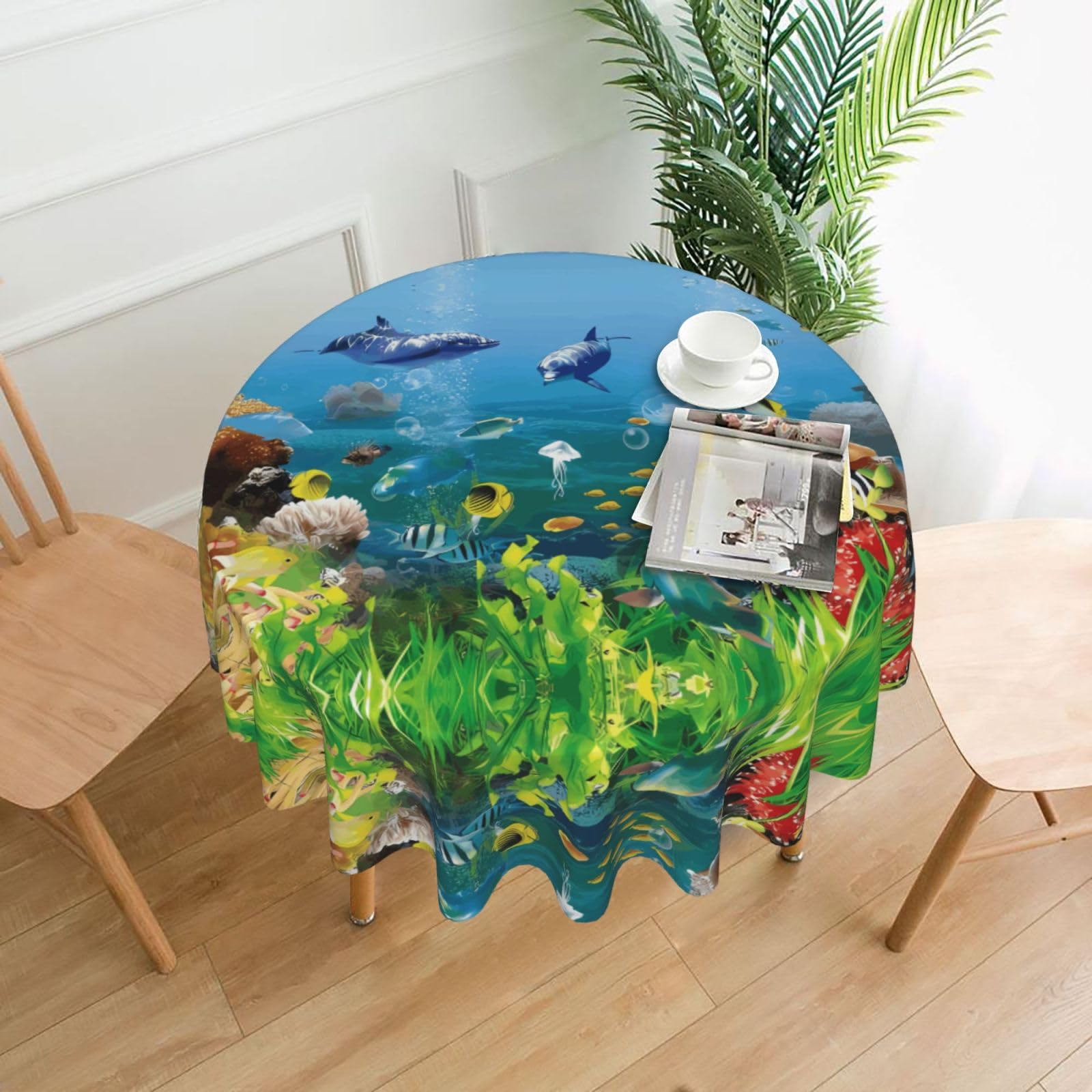 HJFCZH Sea World Prints Round Decorative Table Throw 60 Inch – High-Grade Polyester Fabric, Waterproof & Wrinkle Resistant Table Cover for Dining, Coffee Tables, Parties