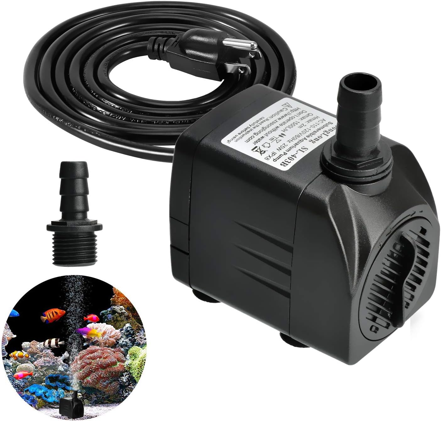 Submersible Water Pump 400GPH, Durable 25W Outdoor Fountain Water Pump with 5.9 feet Power Cord and 2 Nozzles, Aquarium, Pond, Fish Tank, Hydroponics
