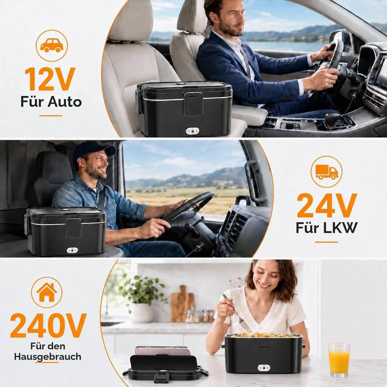 Elektrische Lunchbox 120W 1,8L 12V/24V/230V für Auto/LKW/Büro Auslaufsicher | Herausnehmbarer Edelstahl-Innenbehälter, Leicht zu Reinigen, Inklusive Gabel & Löffel, 0,45L Obstbox, Tragbar für Unterwegs