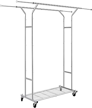 Amazon Com Simple Trending Double Rail Clothing Garment Rack Heavy Duty Commercial Grade Rolling Clothes Organizer With Wheels And Bottom Shelves Holds Up To 250 Lbs Chrome Home Improvement