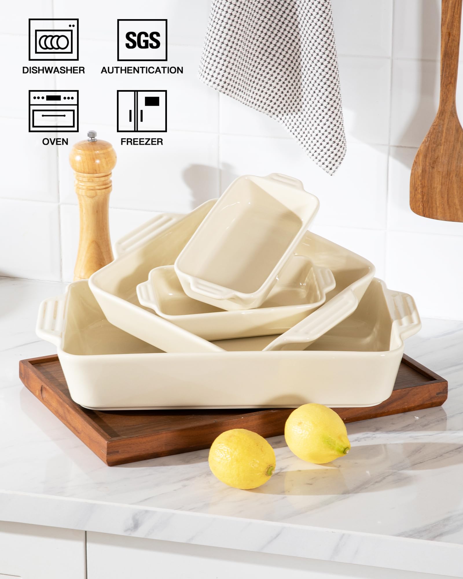 Sweejar Home Set di 4 teglie da forno in ceramica, rettangolari con manici, teglie per lasagne profonde per cucinare, gratinare, arrostire, banchetti e uso quotidiano (beige)