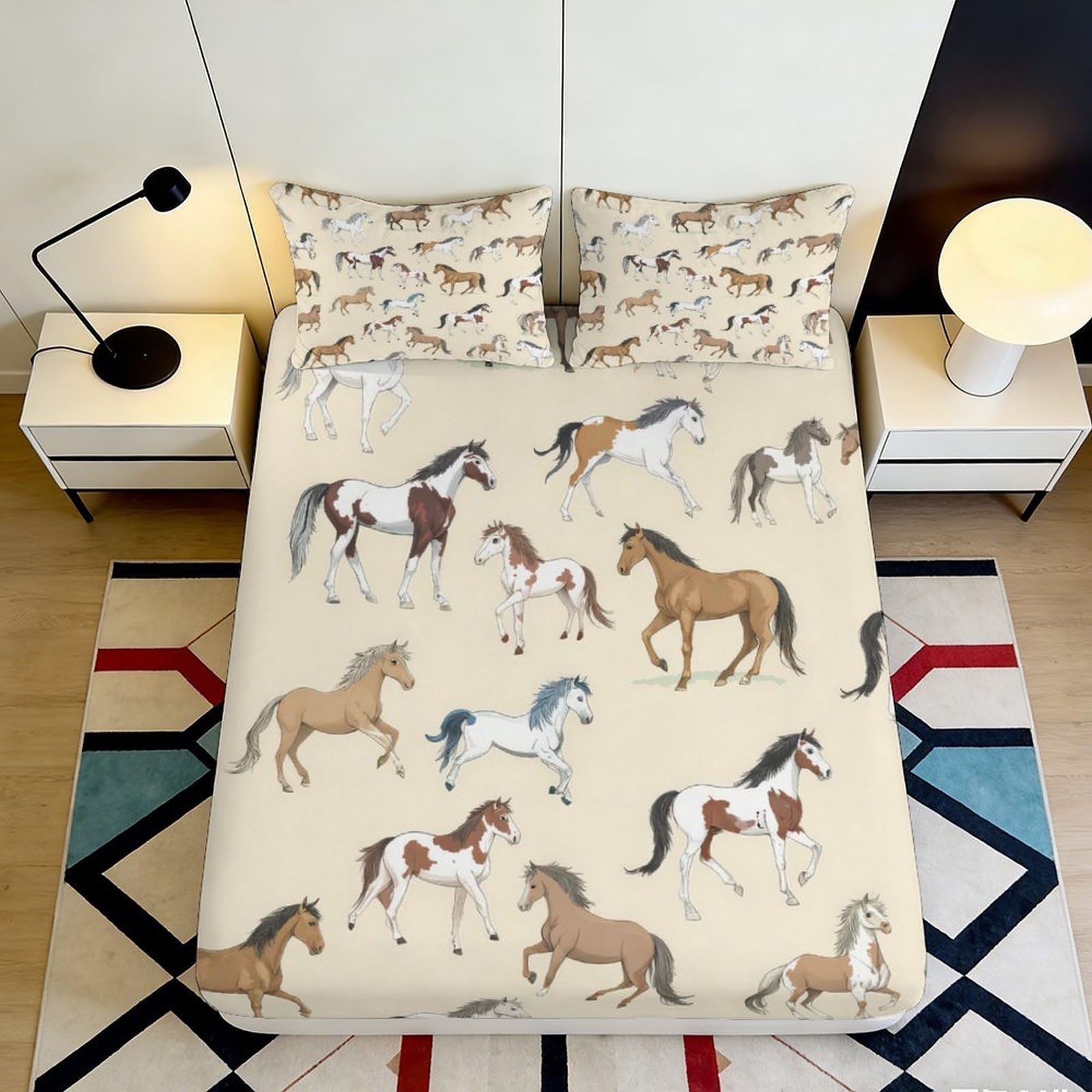 3D Printed Horse Pattern Fitted Sheet Microfiber Soft Breathable Pony Design Mattress Cover for Bedroom Dormitory Guest Room Mattress Protection 160x200x25cm