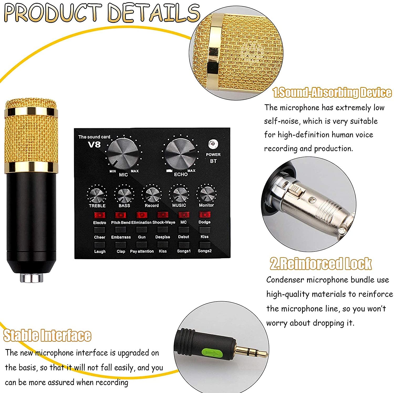 Kit Microfono a condensatore USB, Set di microfoni per Registrazione Professionale in Studio, Scheda Audio Live con Effetti e Cambia Voce, Mini Mixer Audio con più Effetti sonori e MICR