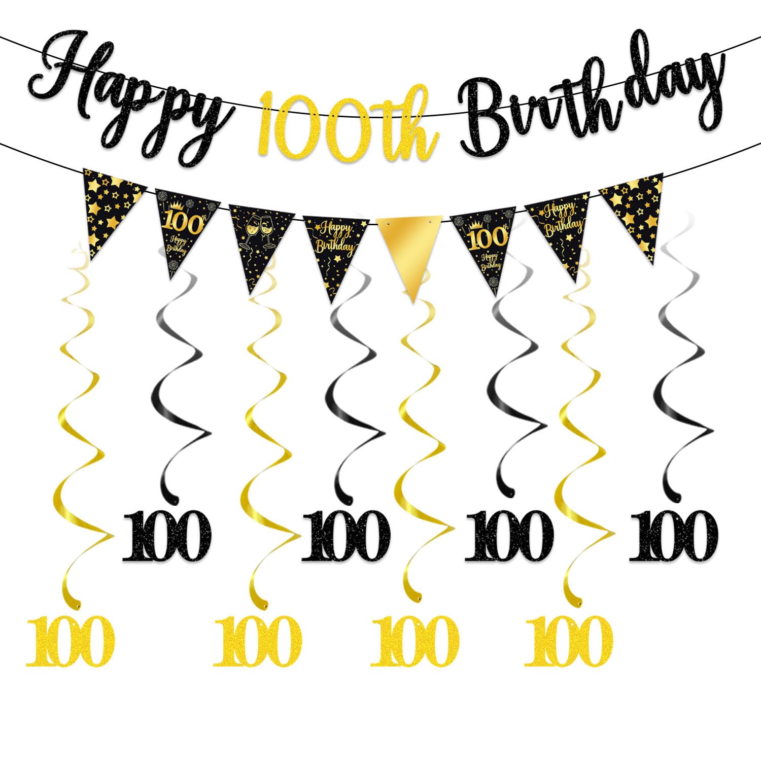 Elicola 100th Birthday Black Gold Decorations - One Hundred Happy Birthday Bunting Banner With Hanging Swirls Streamers for Women's Anniversary Party Decor Supplies