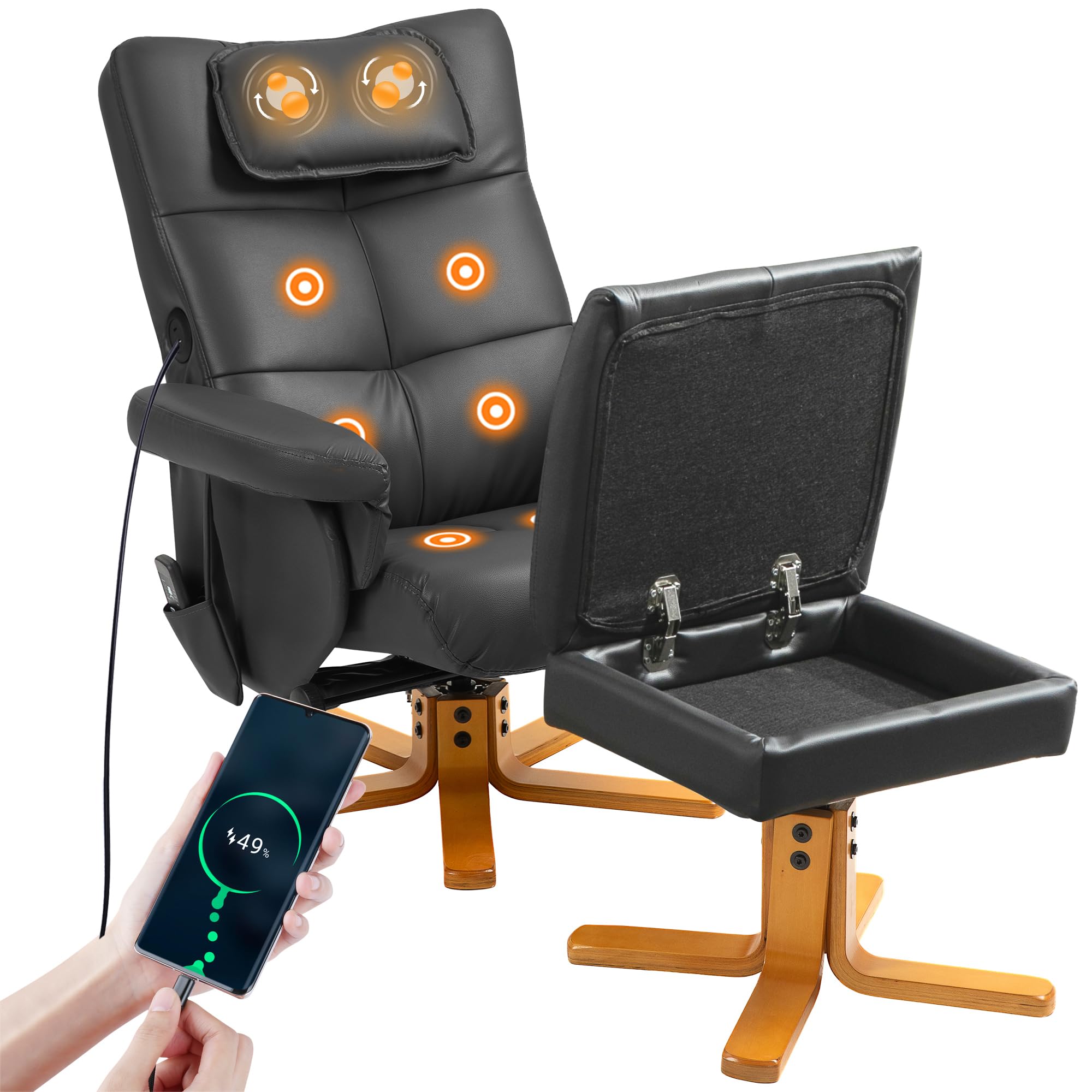 HOMCOM Massage Recliner Chair with Footstool, Upholstered Armchair with Adjustable Backrest, Remote Control, Hidden Storage and USB Ports for Living Room, Bedroom, Black