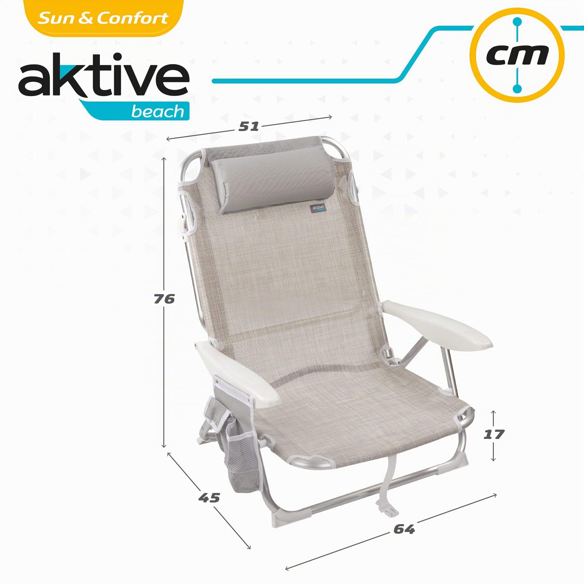 AKTIVE 62262 - Pack de 2 Chaises Pliantes Multi-Positions pour la Plage, Le Jardin, la Terrasse ou Le Camping, Beige, Dimensions 51X45X76 cm, 4 Positions, avec Coussin Appui-Tête
