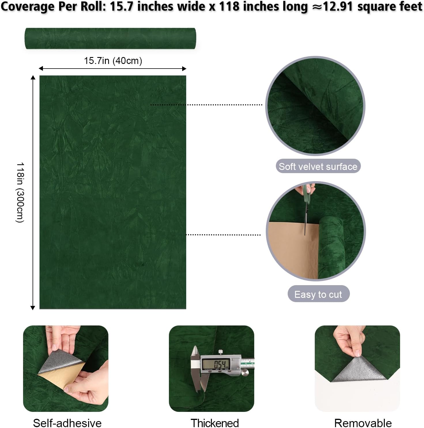 Self Adhesive Dark Green Velvet Drawer Liners Soft Velvet Flock Contact Paper Liner for Jewelry Drawer Lining 15.7"x118" Removable Green Felt Fabric Roll for Art Crafts Cabinets Shelf Liner
