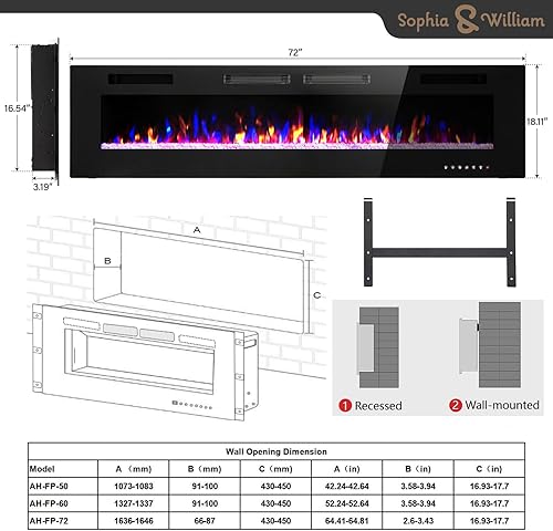 Miniatura 7 de Sophia & William Chimenea eléctrica de 72 pulgadas montada en la pared y empotrada, calentador eléctrico ultrafino de 3.86 pulgadas con control