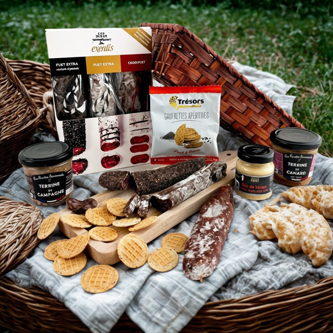 Panier Gourmand Apéro – Coffret Charcuterie avec Fuet, Chorizo, Terrine de Campagne et Terrine de Canard – Assortiment Apéritif avec Gaufrettes – Idée Cadeau Gourmet – Expédition Rapide