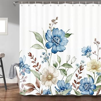 Blue Floral Shower Curtain, Watercolor Flower Leaves Modern Minimalist Bathroom Decor, Polyester Fabric Waterproof Bath Curtain with Hooks 69x78 Inch