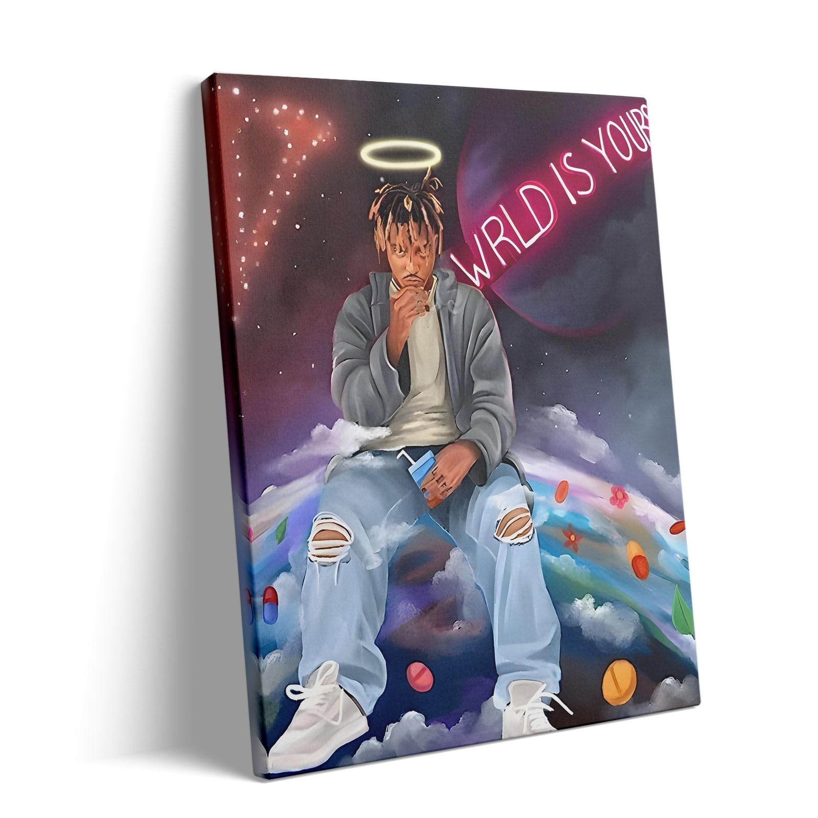 Juice WRLD Canvas Wall Art Decor - 8X10 inch Vibrant Rapper Tribute Artwork with Halo and Neon "WRLD is Yours", Music-Inspired Poster for Bedroom or Studio Decoration
