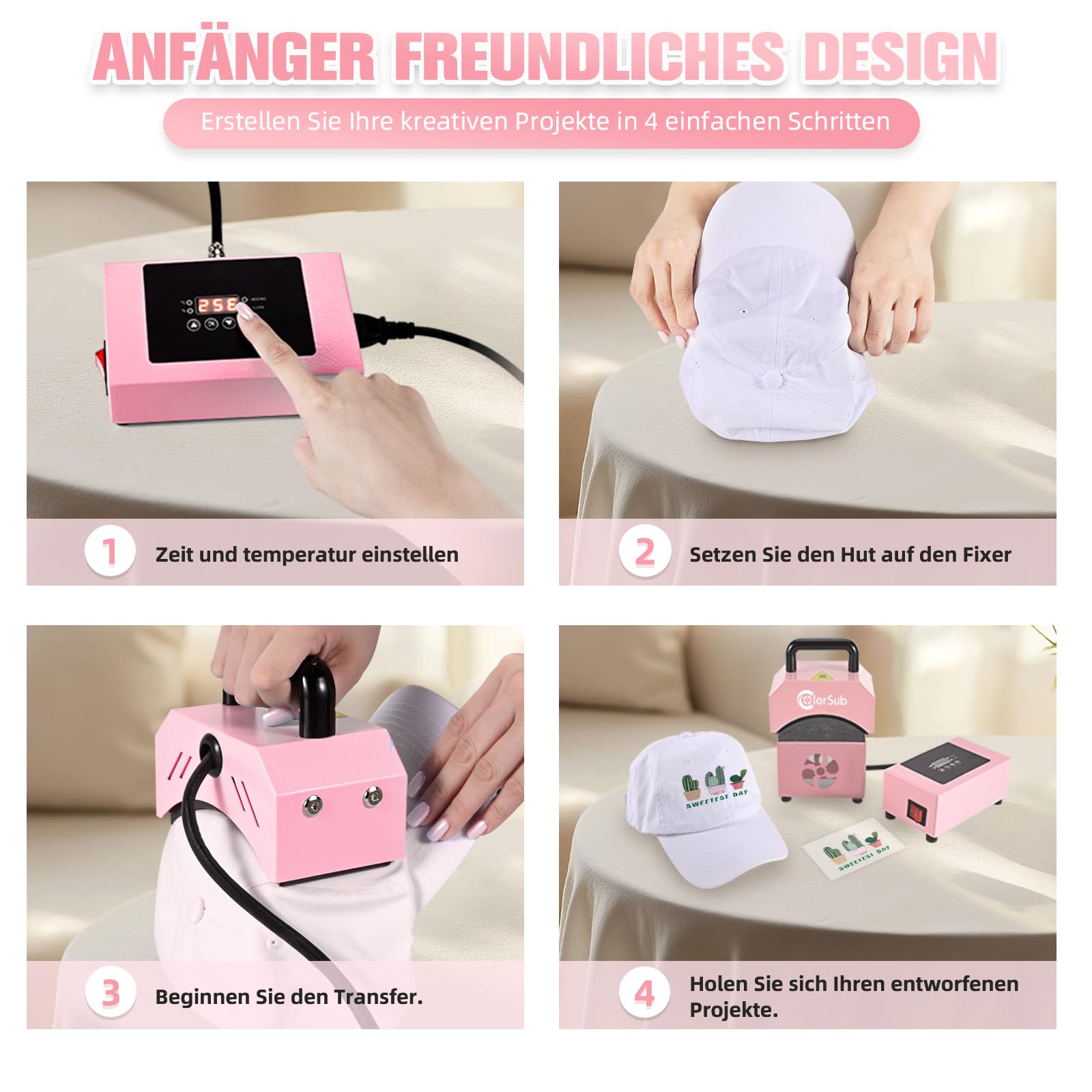 ColorSub Mini Hitzepresse für Kappen Rosa, Mütze Heißpresse Transferpresse Maschine mit Temperatur & Zeituhr Heat Presse Sublimationspresse Kurvige Druckmaschine für Baseballcaps mit Silikonmatte