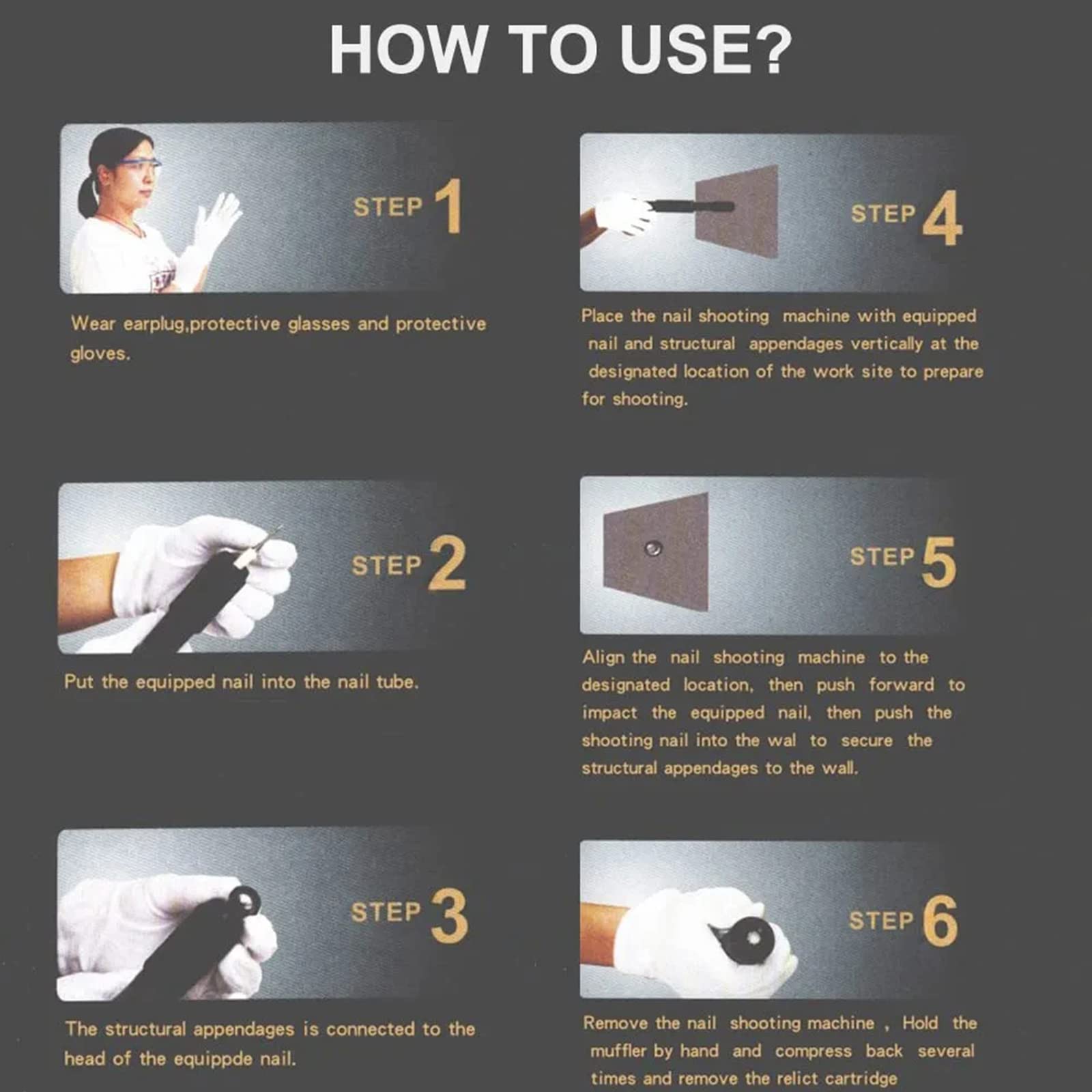 Pistola Remachadora Con Juego De Uñas, Pistola De Acero Con Clavos Redondos, Herramienta De Uñas Con Guantes, Tapones Para Los Oídos, Sin Cable De Disparo Herramientas Para La Pared,W/50pcs Nails