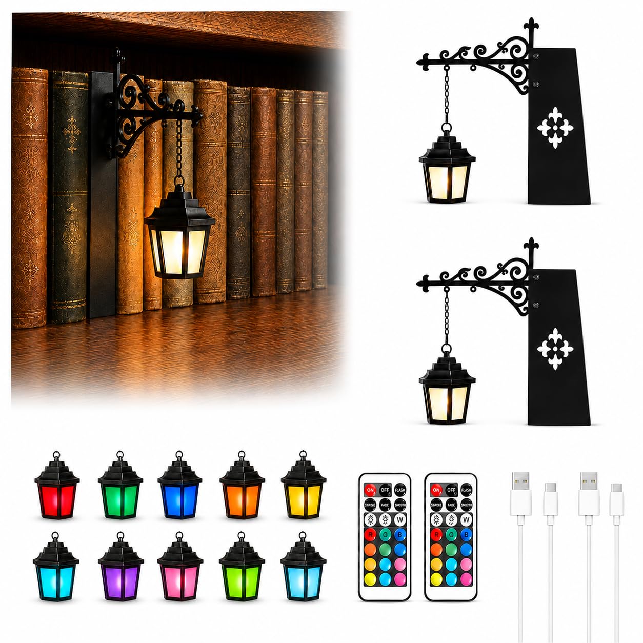 Ashloter 2Pack Rechargeable Bookshelf Lantern Light with Remote – RGB Colour Changing Book Nook Lamp, Type-C Charging Dimmable Shelf Lighting with 4 Dynamic Modes for Library & Reading Corner(2Pcs)