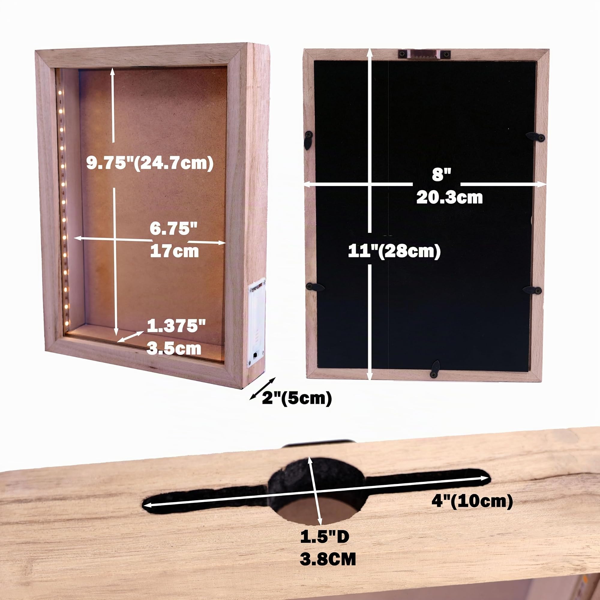 Boîte d'Ombre en Bois Naturel Rustique de 8"X11" avec Éclairage, Présentoir à LED pour Bouchons de Vin, Billets et Expositions Créatives, Présentations Artistiques