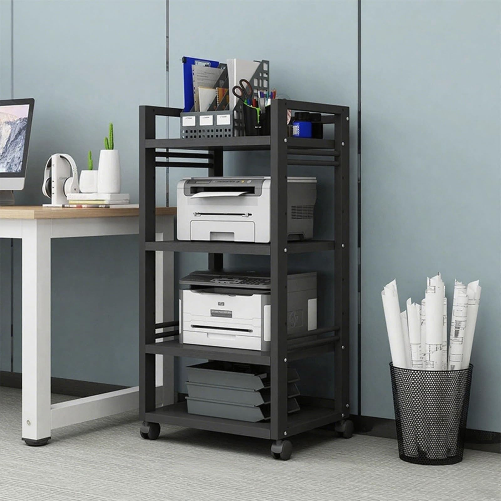 Scaffale Hi-Fi minimalista su ruote, ripiani regolabili a 3/4/5 ripiani, supporto multi-storage per stampante e giradischi, soluzione moderna per casa e ufficio per l'esposizione del soggiorno