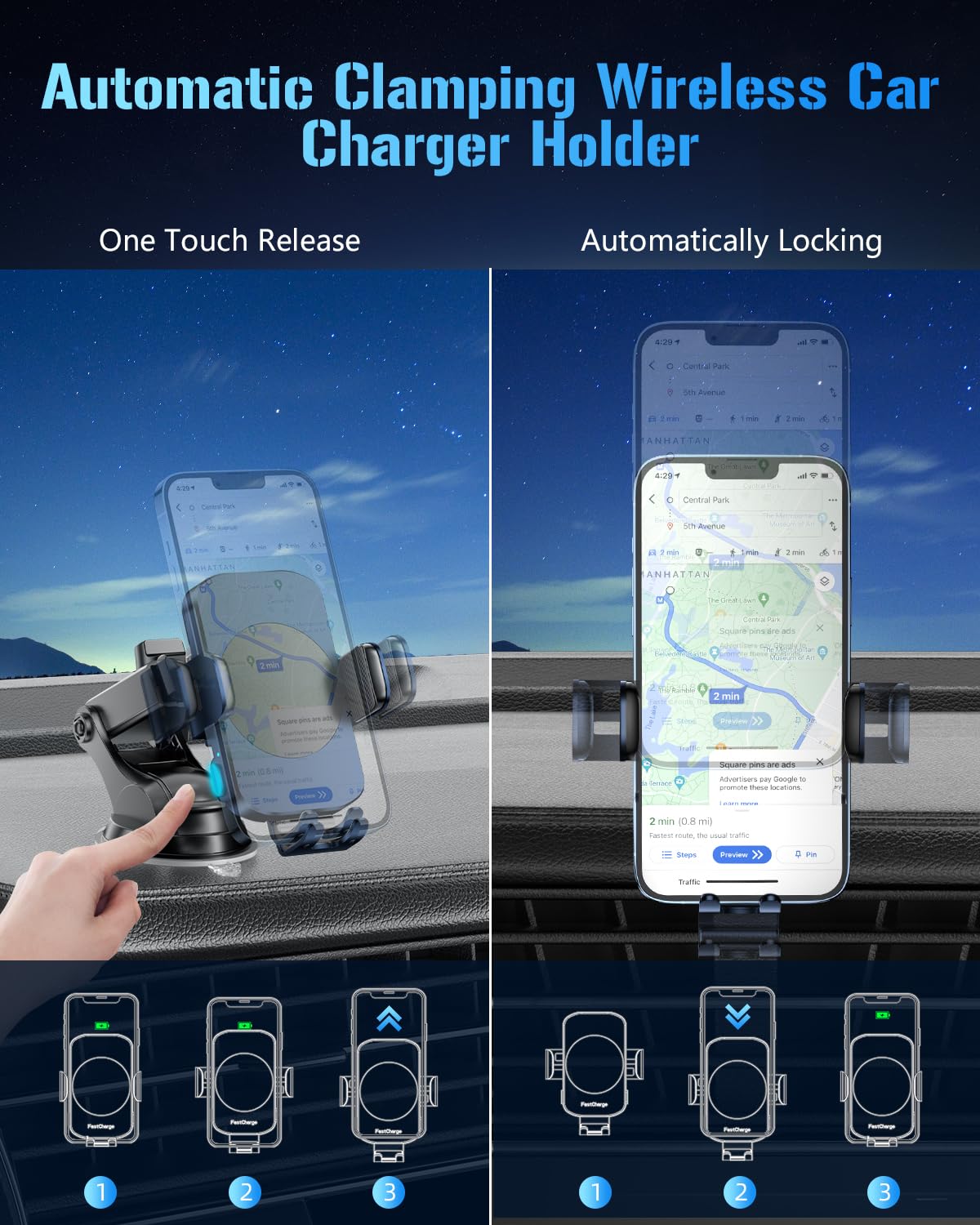 BothLin Caricabatterie da auto wireless, supporto per telefono a ricarica rapida 3 in 1, supporto per telefono con bloccaggio automatico, accessori per auto, compatibile con iPhone 17 16 15 14 13 12