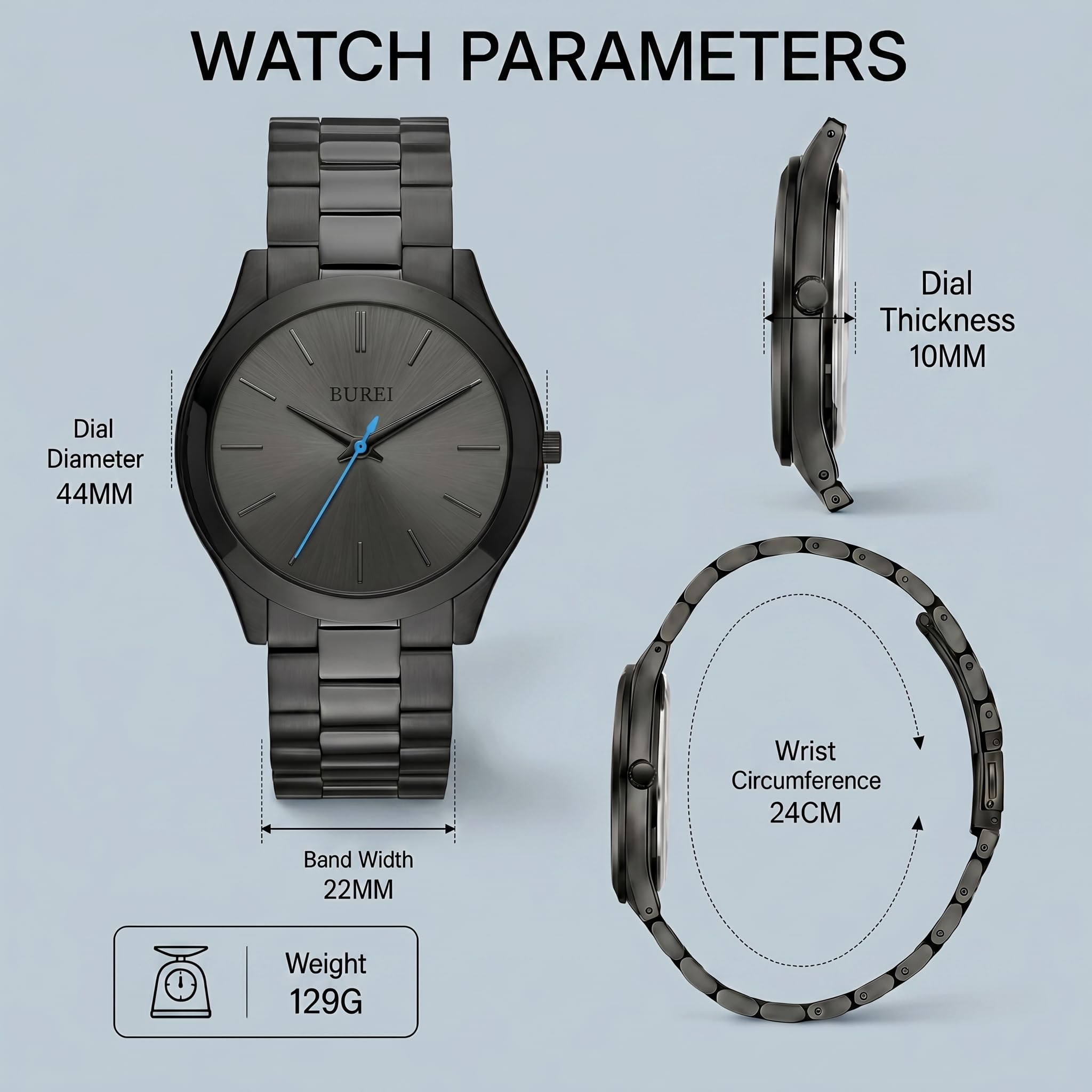 BUREI Ultradünne Herrenuhr – Minimalistisches Analog-Design, wasserdichtes Quarzwerk, Geschenk für Männer (Weiß/blau)