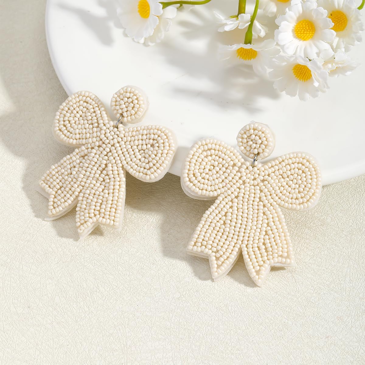 Multicolor Beaded Bow Earrings Set for Women, Handmade Beads Bowknot Earrings for Her Holiday Jewelry Gifts Everyday Wear
