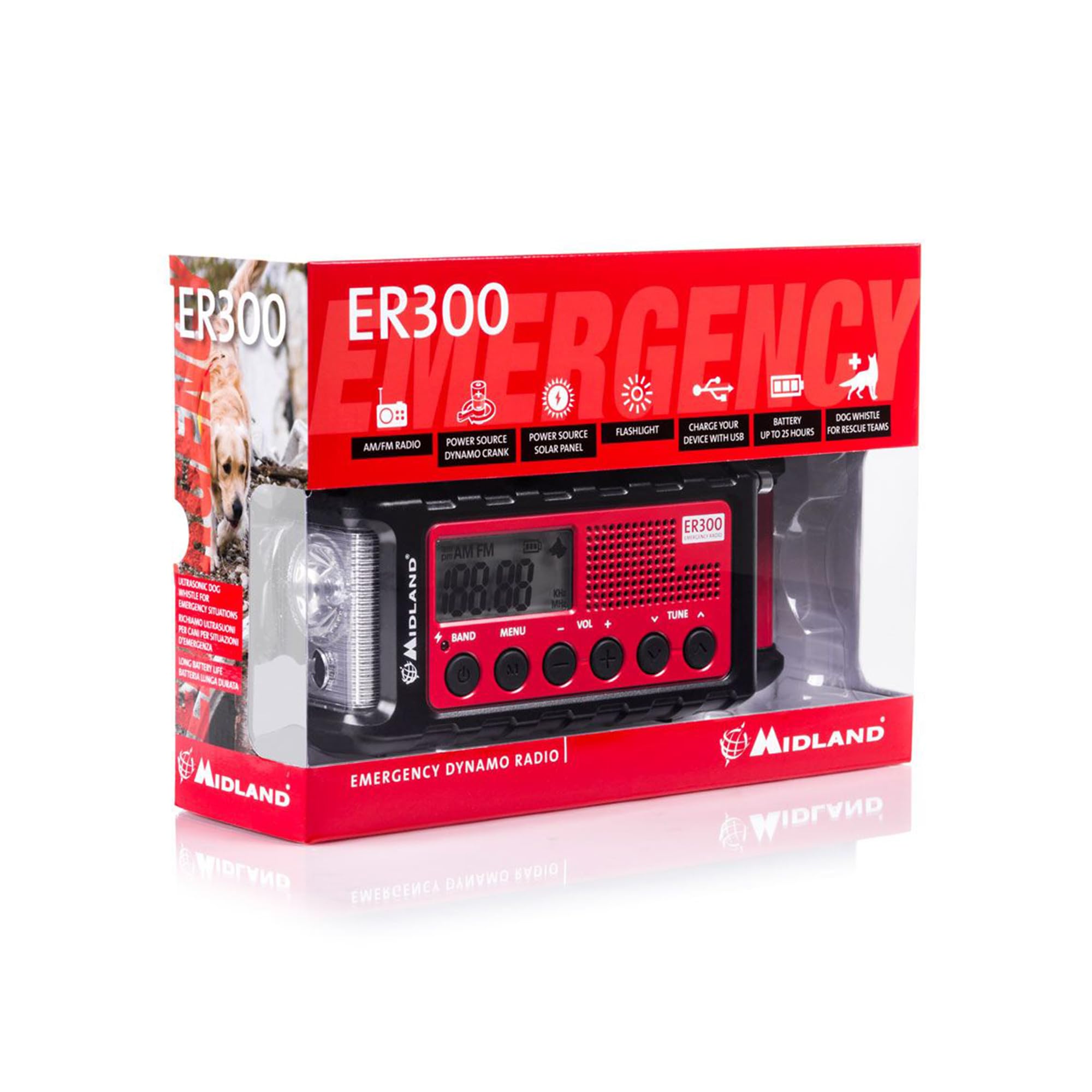 Midland ER300 multifunktionales Emergency Kurbel-Radio, Powerbank, AM/FM-Funkempfänger, Dynamo-Taschenlampe, wiederaufladbare Akkus, USB-Kabel, C1173