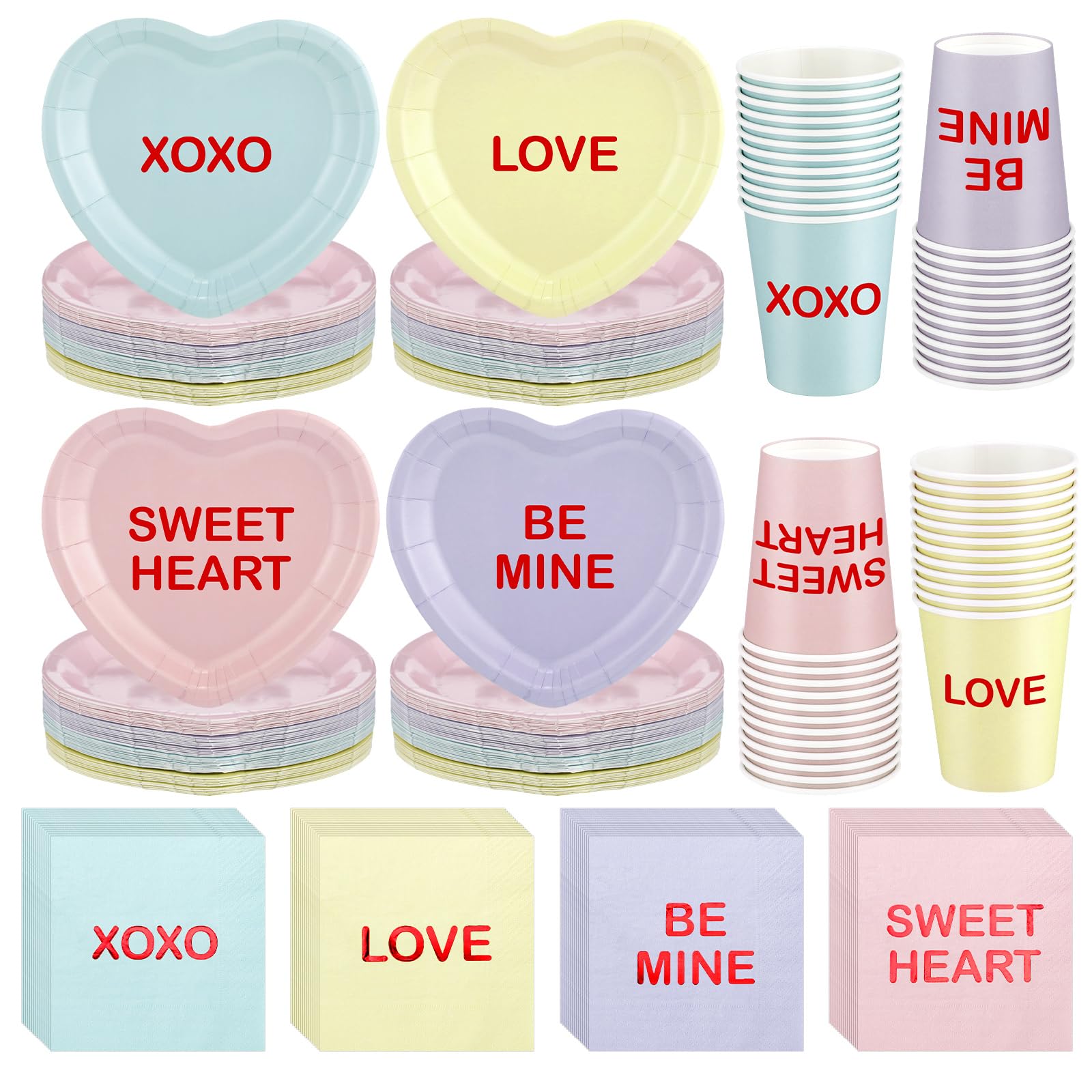 Maxcheck 196-teiliges Valentinstagsparty-Geschirr-Set für 48 Personen, inklusive Valentinstag-Gesprächs-Herz, 17,8 cm, Pappteller, 266 ml, Becher, 12,7 cm, rosa Servietten für Valentinstag, Jahrestag,