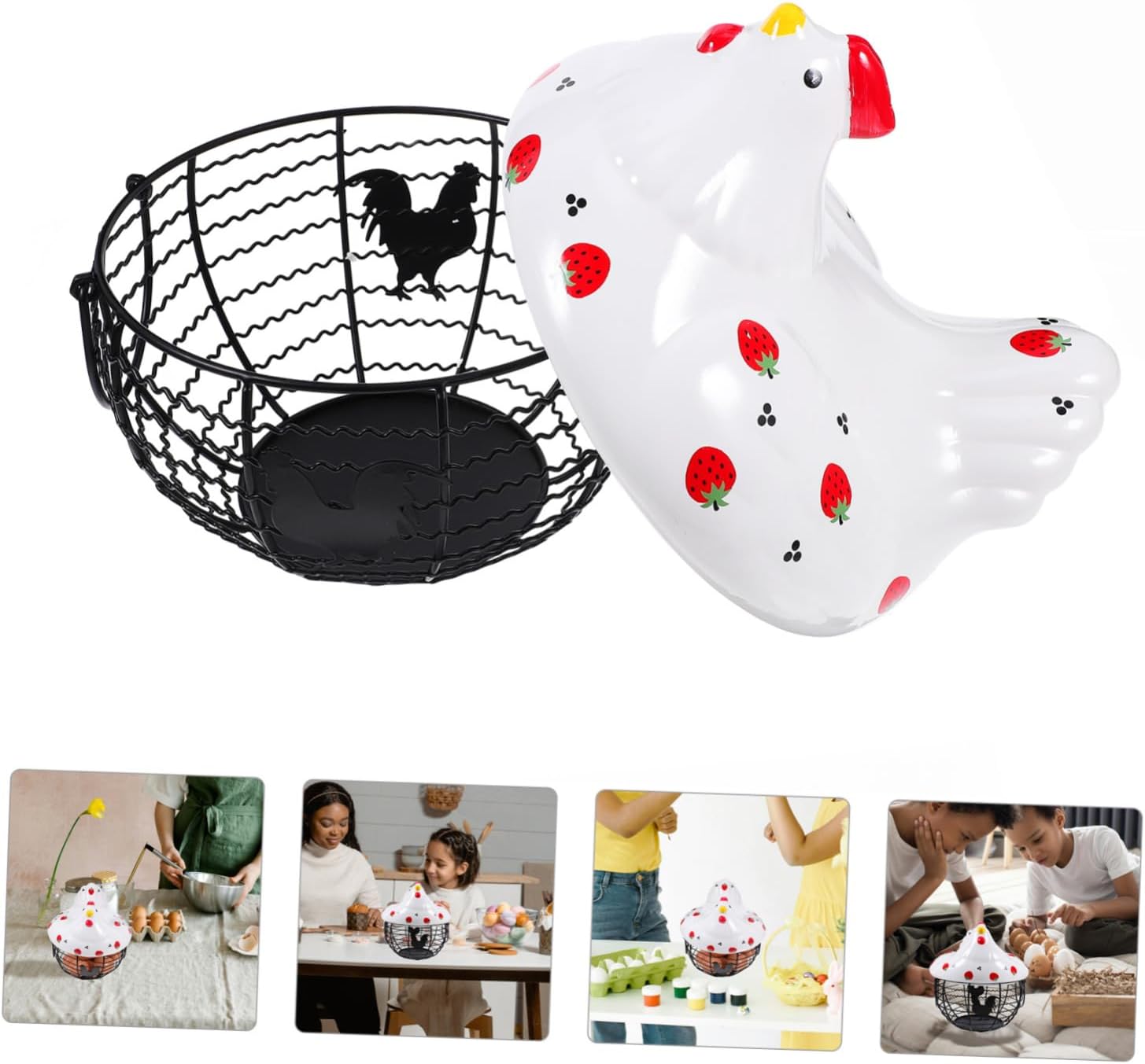 IMIKEYA Iron Wire Storage Basket with Ceramic Lid for Eggs Fruits and Snacks Cute Home Organizer and Sundries Holder for Kitchen and Dining Room