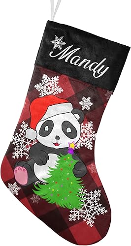Calcetines de Navidad personalizados a cuadros negros y rojos y lindos pandas con nombre, medias de Navidad personalizadas para decoración de disponible en Yaxa Peru