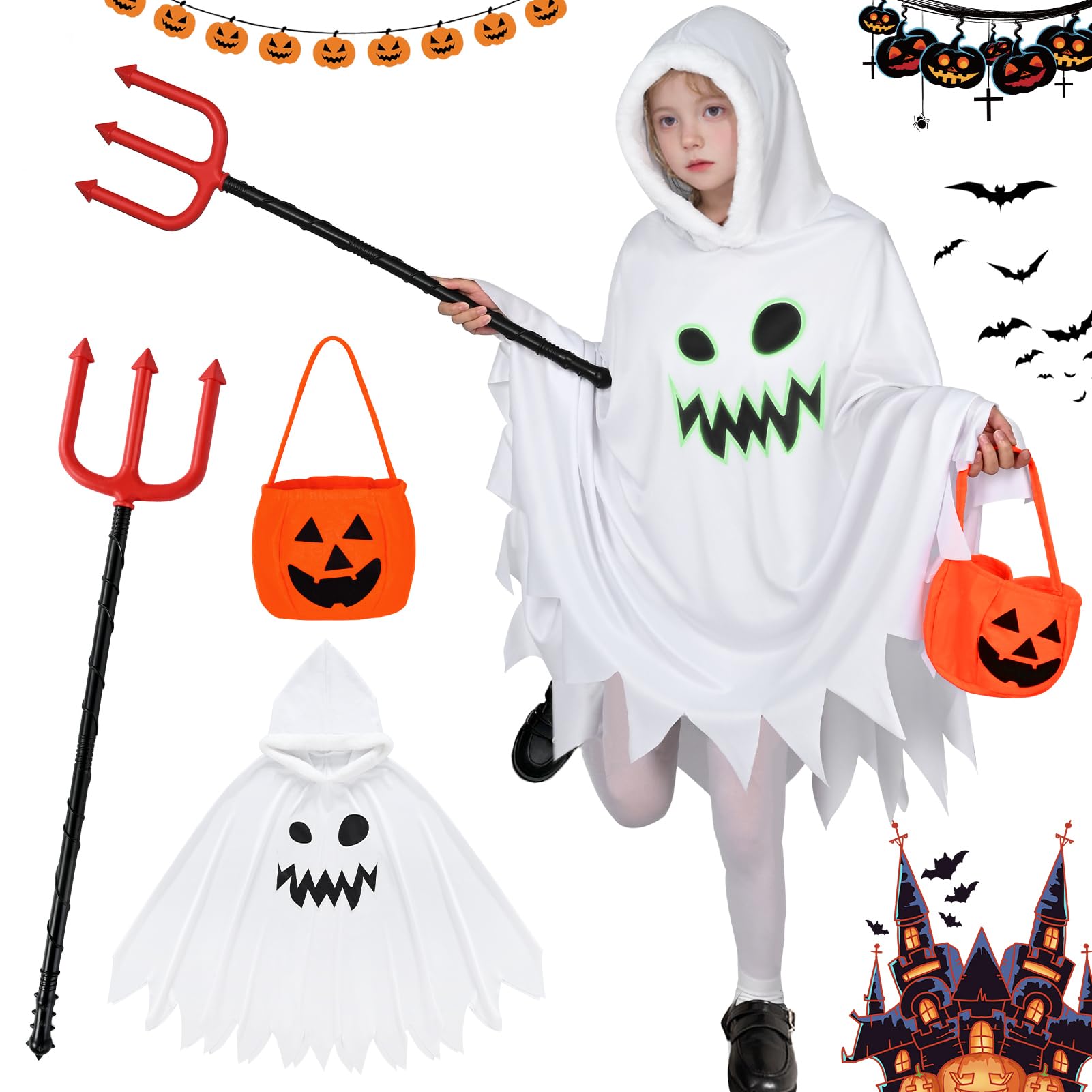 Disfraz de Fantasma Capa Espeluznante Niños Truco o Trato de Halloween Costume di Travestimento de Horror con Bolsa Sonriente Disfraces Ghost Calabaza Juego de Rol