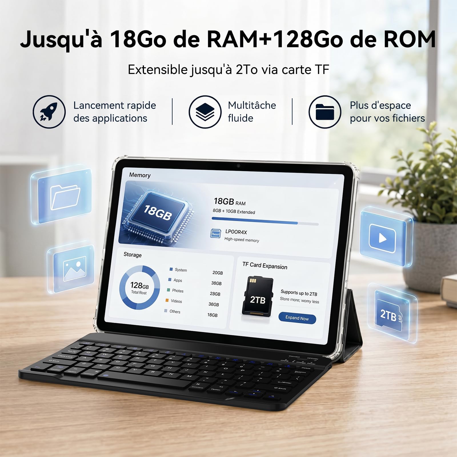 TABWEE Tablette avec Clavier et Stylet, 18 Go+ 128 Go (2To TF) | Idéal Pour l'École et l'Université, Android 15 Tablette 10 Pouces, 6000 mAh, Gemini AI, GPS (Garantie de 4 Ans)