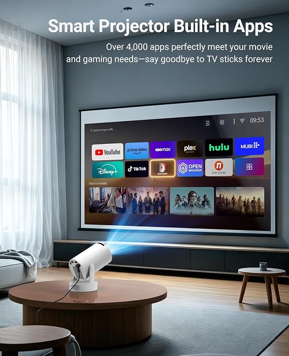 Mini Projector with WiFi 6 and Bluetooth 5.4, 4K Support, 5W Soundbase Speaker, Auto Vertical Keystone, 180Rotatable Smart Projector for Movie Home Outdoor