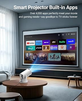 Mini Projector with WiFi 6 and Bluetooth 5.4, 4K Support, 5W Soundbase Speaker, Auto Vertical Keystone, 180Rotatable Smart Projector for Movie Home Outdoor