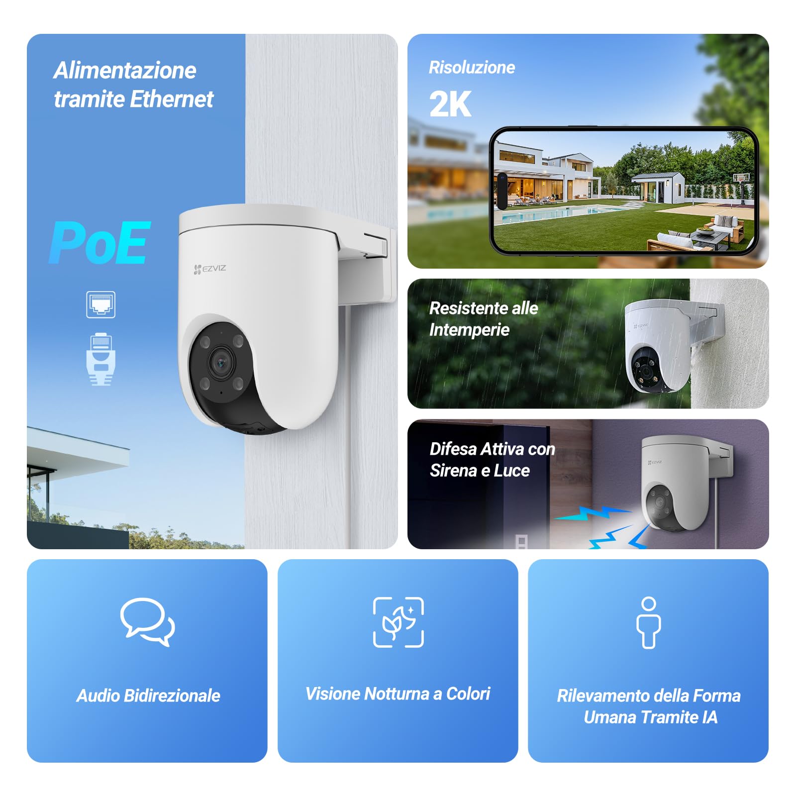 EZVIZ 2K PoE Telecamera di Sorveglianza per Esterni, 360° PTZ Telecamera per Esterni, Auto-Tracking, Riconoscimento AI, 20m Visione Notturna a Colori, Resistente alle Intemperie, Audio a Due Vie