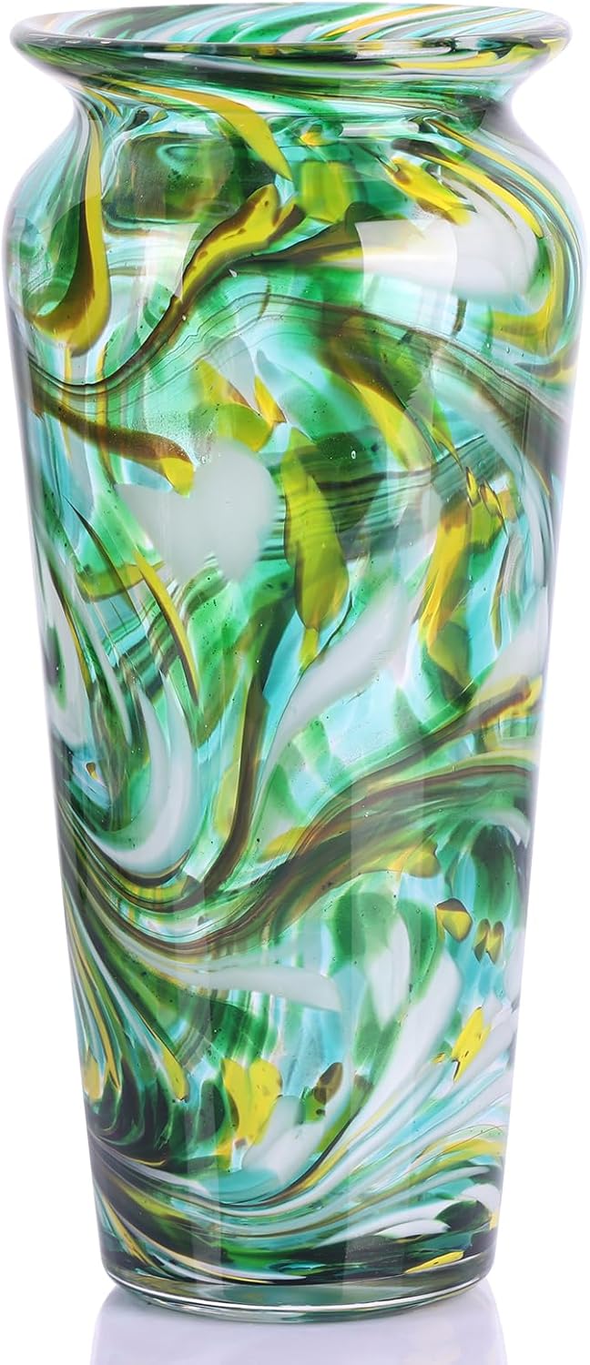 Green Hand Blown Glass Vase – Tall Speckled Decorative Centerpiece in Murano Style for Dining Table, Coffee Table, Mantel, Entryway, or Bookshelf in Coastal or Modern Decor (Green)