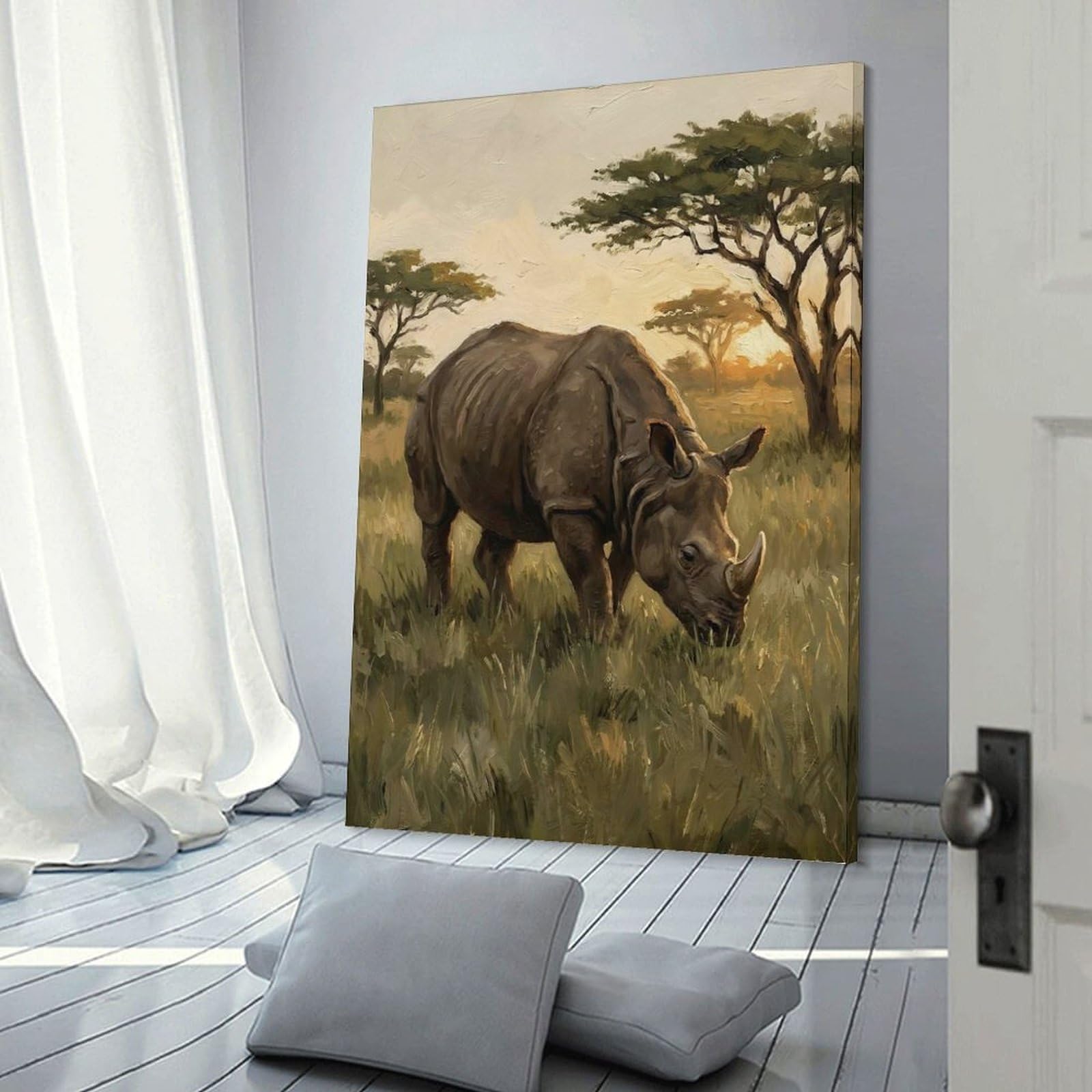 Junmoney Rhino Grazing in African Savannah Home Decor Wall Art, 20x30inch(50x75cm), for Lounge, Bedroom Or Personal Spaces, Gift Idea for Housewarming And Birthdays