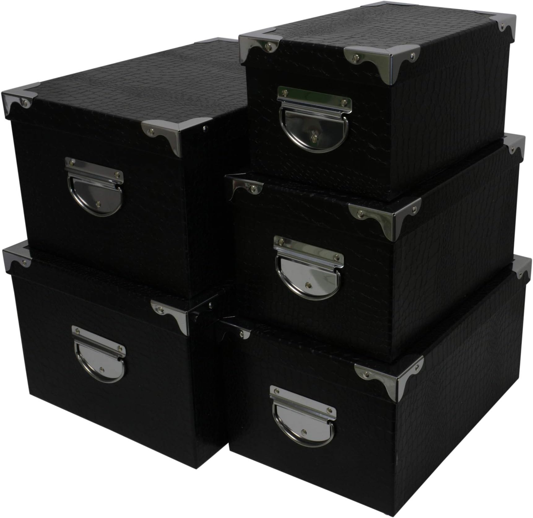 Decorative Storage Boxes - Nested, Metal Reinforced Corners, Set of 5 Assorted Sizes (Black Faux Leather)