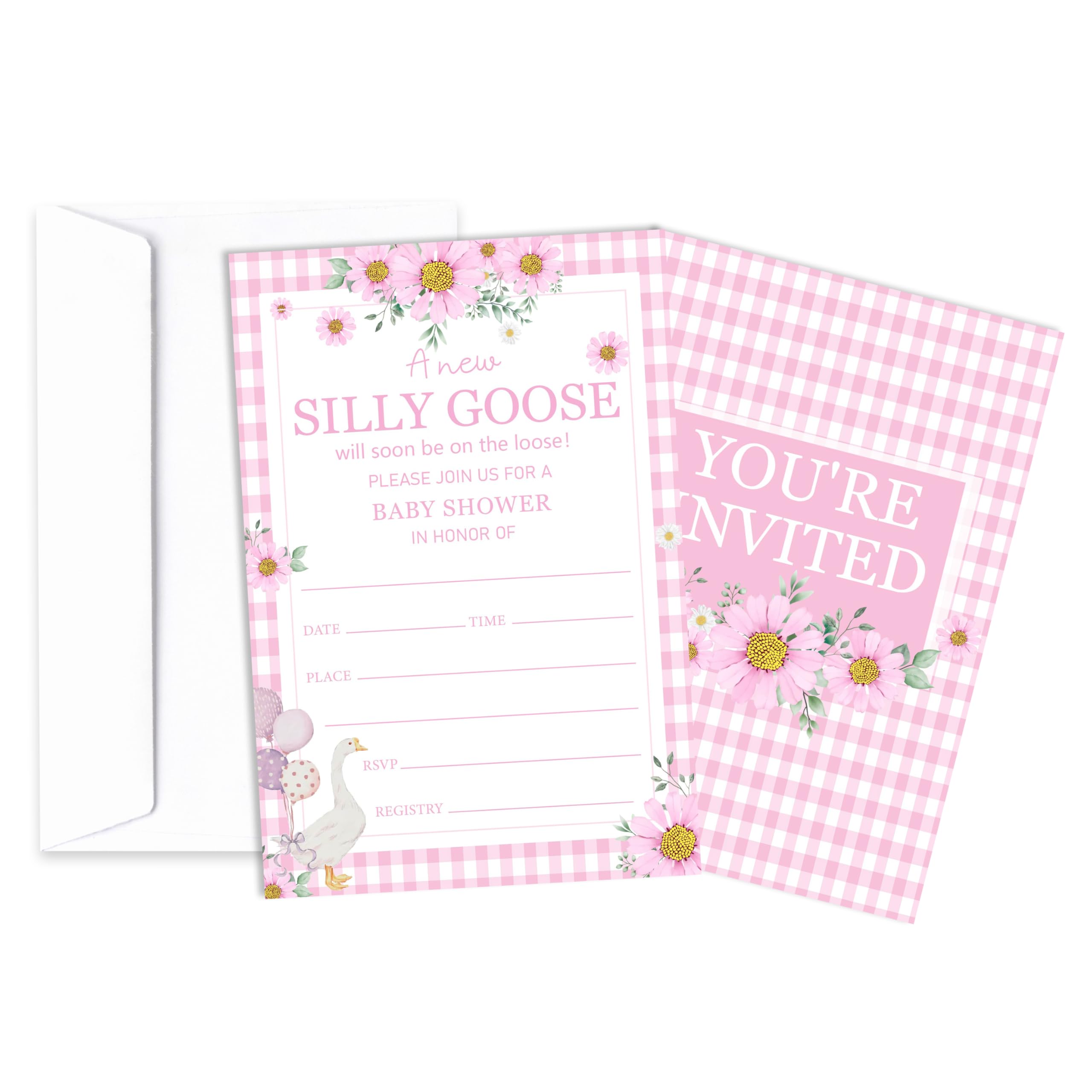 Zaproszenie na baby shower, zaproszenie do ujawnienia płci Silly Goose, 25 różowych zaproszeń w kratkę, stokrotka, z kopertami dla dziewcząt, zaproszenia na ogłoszenie dziecka do dekoracji na