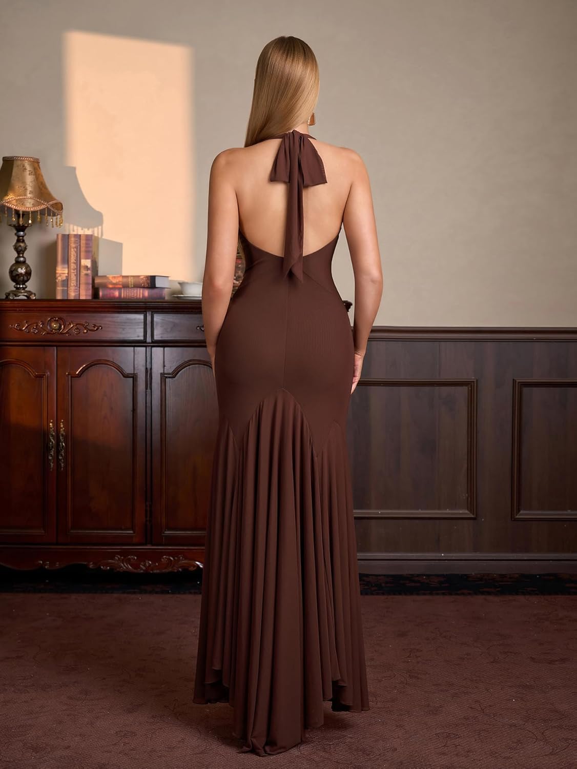 HTZMO Women Formal Sexy V Neck Halter Tie Maxi Dress Bodycon Flowy Wedding Guest Cocktail Elegant Long Dresses - Image 5